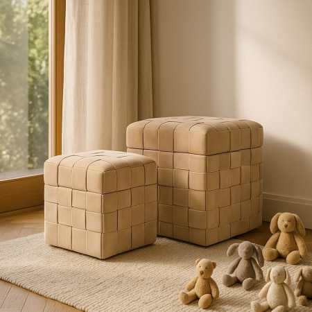 Set de 2 pufuri cu ladă bej din material textil cu structură MDF [9]