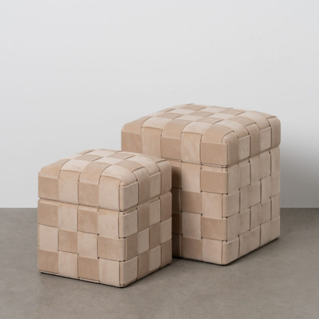 Colectia noua - Set de 2 pufuri cu ladă bej din material textil cu structură MDF