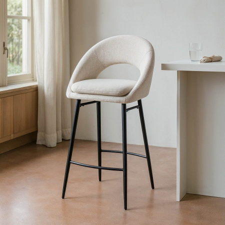 Scaune de bar - Set de 2 scaune de bar tapițate din stofă crem cu șezut ergonomic și cadru metalic stil minimalist