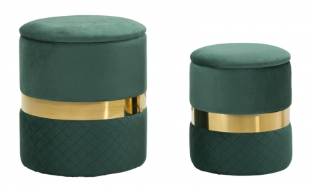 Colectia noua - Taburet depozitare modern verde catifea cu detaliu auriu, model Sheffield