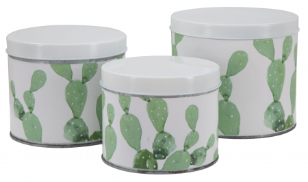 Cutii decorative - Cutii decorative metalice cu capac, set 3 rotunde – Cactus