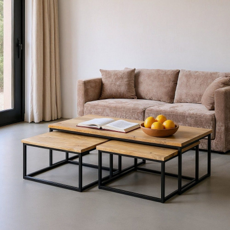 Masute Cafea - Set 3 măsuțe cafea lemn mango metal industrial modern