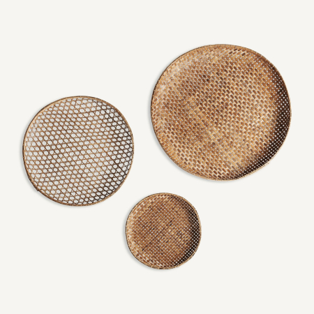 Decoratiuni perete din fibre naturale - Trei discuri de bambus împletit, de mărimi diferite, cu zigzag des și plasă de hexagoane