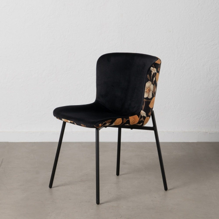Scaune in Stil Modern - Set de 4 scaune dining negru floral cu brațe din stofă, velur negru față, spate floral, cadru metalic negru, 59×51×82 cm