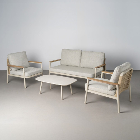 Mobilier - Set de grădină din aluminiu crem cu canapea două fotolii cu brațe în ton de lemn și măsuță