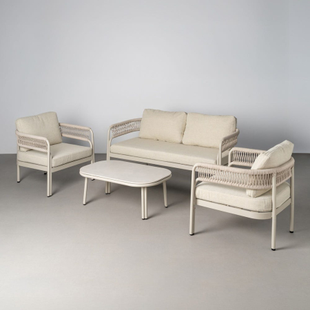 Mobilier - Set de grădină din aluminiu crem cu canapea două fotolii și măsuță cu blat din piatră sinterizată