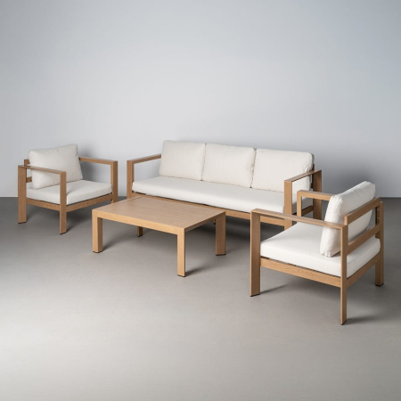 Mobilier - Set de grădină din aluminiu în ton de lemn cu canapea cu trei locuri două fotolii și masă