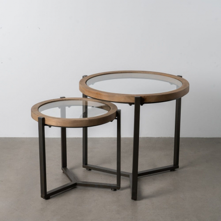 Masute Laterale - Set masute rotunde lemn brad sticla si metal, stil nordic industrial