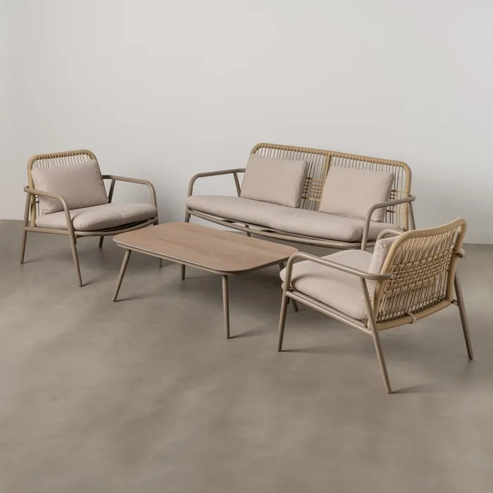 Set mobilier de grădină din aluminiu și olefină cu perne bej și masă dreptunghiulară pentru exterior și terasă