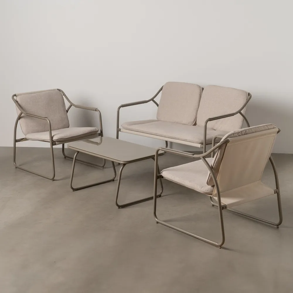 Seturi Exterior - Set mobilier exterior cu structură din oțel, blat de sticlă și perne bej din olefină pentru grădină, terasă sau lounge outdoor