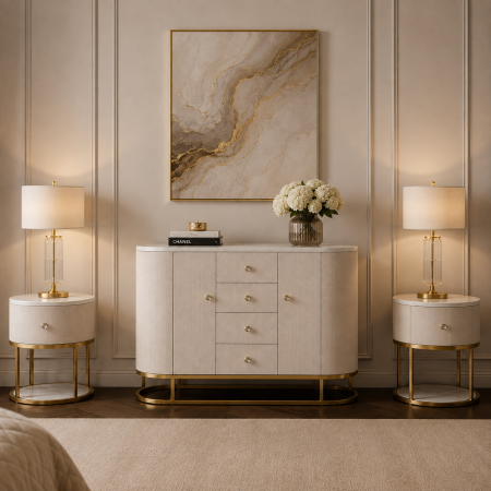 Montpellier - Mobilier dormitor crem comoda rotunjita blat marmura 2 noptiere crem sertare