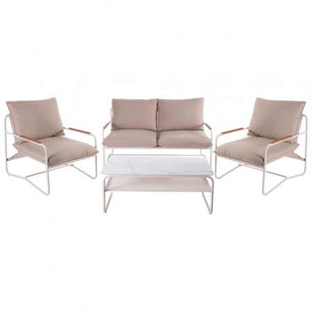 Seturi Exterior - Set mobilier alb cu perne bej, inserții lemn și blat marmorat