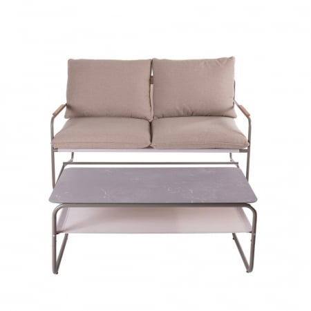 Set mobilier exterior cu accente lemn, cadru metalic rotunjit și masă cu raft [2]