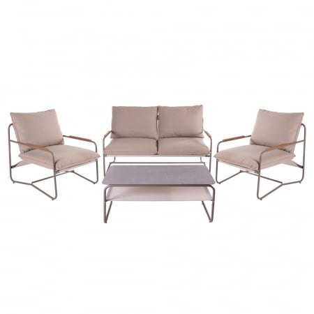 Seturi Exterior - Set mobilier exterior cu accente lemn, cadru metalic rotunjit și masă cu raft