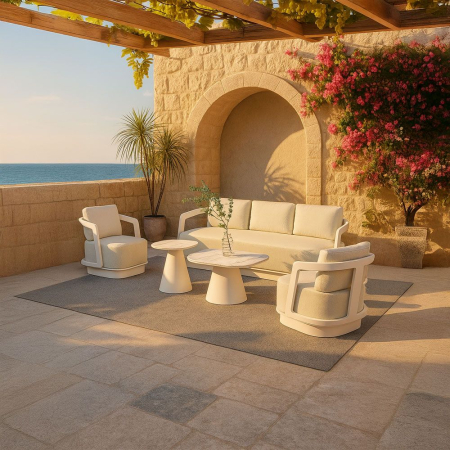 Seturi Exterior - Set mobilier terasă din aluminiu off-white cu măsuțe ceramice 4 piese design curbat