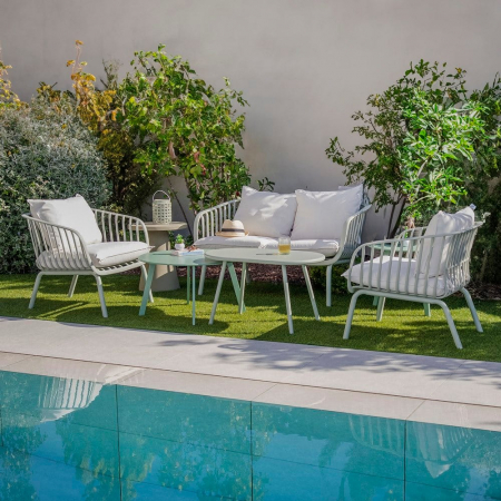 Set mobilier verde salvie + bej – rășină fibră sticlă, perne UV, masă ovală [1]