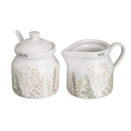 Accesorii servire - Set zaharniță și lăptar din stoneware alb cu imprimeu de ierburi cu capac și lingură