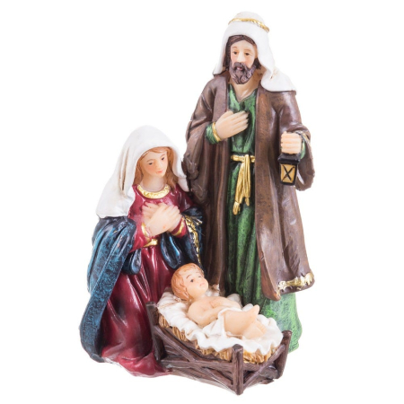 Craciun - Sfânta Familie din rășină pictată cu Maria în mantie albastră Iosif cu felinar și pruncul în iesle