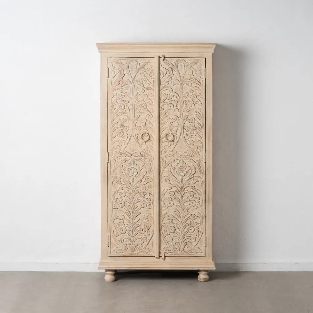 Sifonier Bej vintage sculptat din lemn de mango design iberic 93x40x180 cm