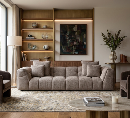 Canapele - Sofa din stofă maro cu forme volumetrice