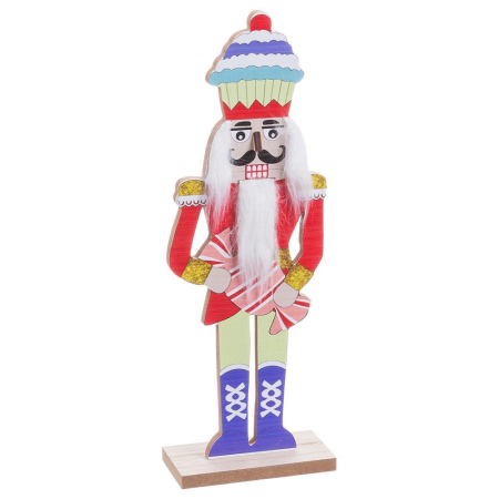 Obiecte decorative - Soldat spărgător de nuci din lemn cu pălărie de cupcake barbă albă pufoasă haină roșie și bomboană mare