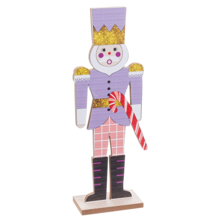 Obiecte decorative - Soldat spărgător de nuci din lemn în uniformă lila cu epoleți aurii cu sclipici și baston în dungi