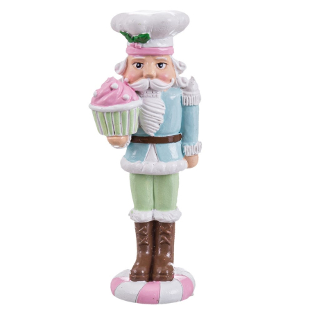 Craciun - Soldat spărgător de nuci din rășină cu căciulă înaltă de cofetar haină albastră și cupcake roz