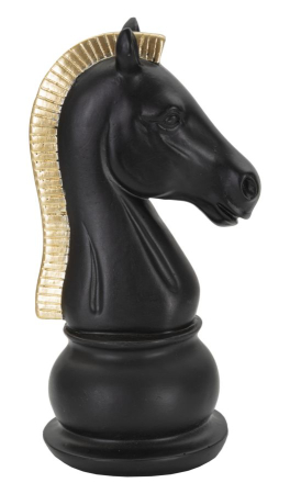 Sah - Statuetă decorativă cal de șah negru mat cu coamă aurie striată pe soclu rotund