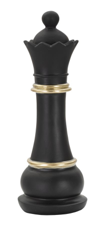 Sah - Statuetă decorativă regină de șah neagră mată cu inele aurii și coroană cu margini zimțate