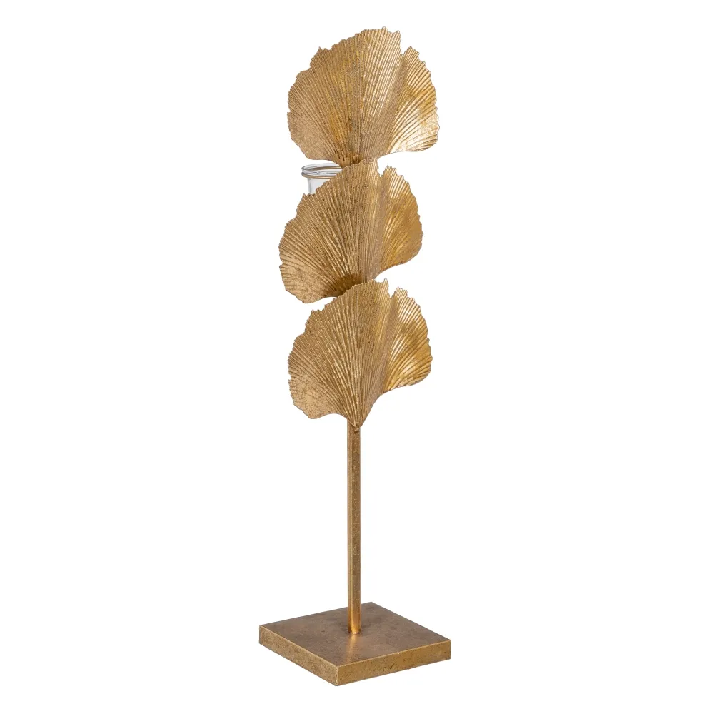 Suporturi Lumanari, Sfesnice - Suport lumânare frunze Ginkgo Biloba, metal auriu antichizat 19x14x63 cm
