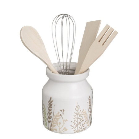 Accesorii servire - Suport pentru ustensile din stoneware alb cu imprimeu de ierburi și patru ustensile din lemn