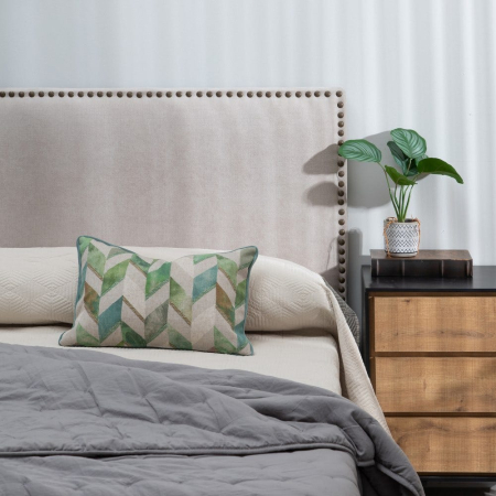 Tăblie pat tapițată bej gri weave cu margini decorative [6]