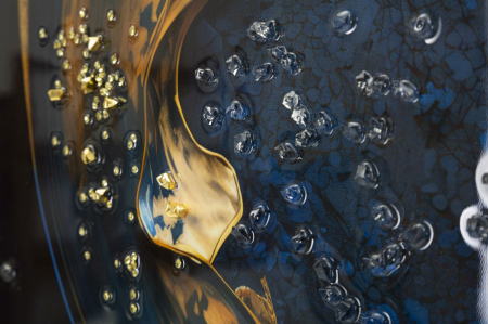 Tablou abstract albastru auriu 60x90 cm – textură tridimensională pe pânză cu accente metalice [3]