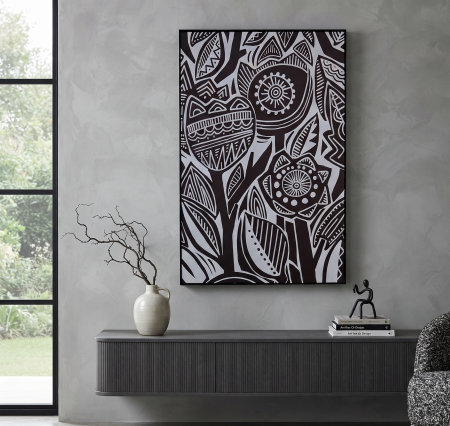 Tablouri - Tablou alb-negru cu flori stilizate pe canvas – orientare verticală