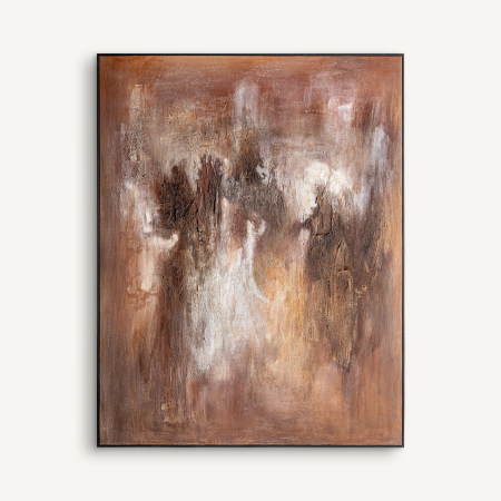 Decoratiuni perete - Tablou abstract vertical în ulei cu siluete maro închis și voaluri albe pe fond ruginiu