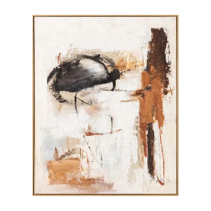 Tablouri - Tablou abstract pictat manual în ulei bej cu accente negre