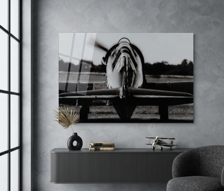 Decoratiuni perete in Stil Contemporan - Tablou sticlă avion alb-negru – design simetric, stil modern IXIA