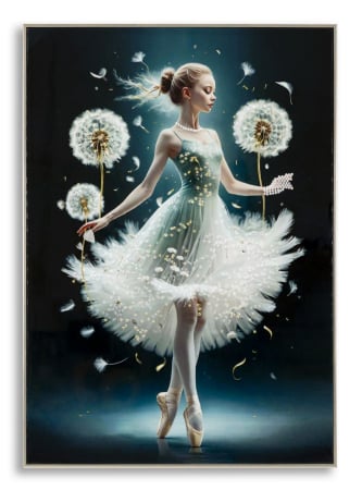 Decoratiuni perete - Tablou balerină păpădie 72x102 cm – poezie vizuală cu fundal închis și accente aurii