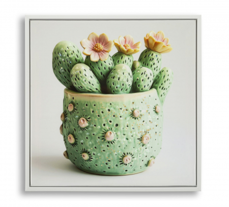 Decoratiuni perete - Tablou cactus ceramic flori pastel 40x40 cm – pânză cu ramă albă pentru decor romantic