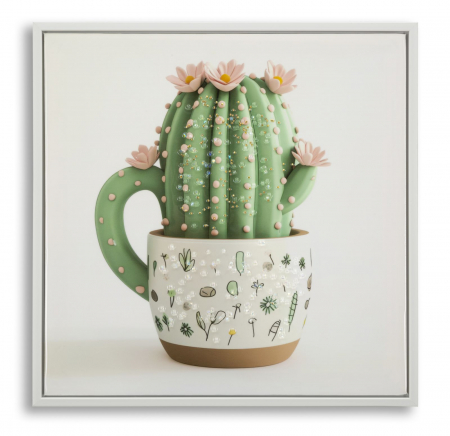 Decoratiuni perete - Tablou cactus cană ceramică 40x40 cm – imagine pastel artistică cu ramă albă