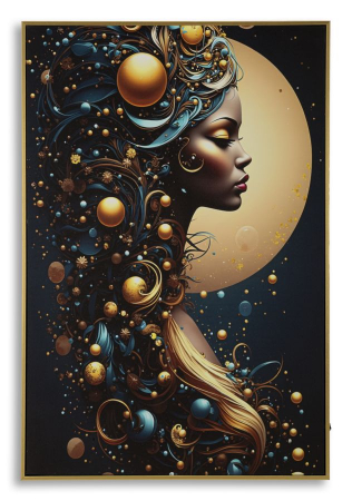 Tablou Canvas cu LED si rama din lemn portret feminin cosmic cu accente aurii decor modern