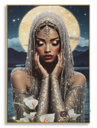 Chipuri, Siluete - Tablou Canvas cu LED si rama din lemn portret feminin mistic cu halo luminos decor modern