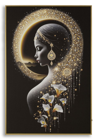 Chipuri, Siluete - Tablou Canvas cu LED si rama din lemn silueta feminina eleganta cu halo auriu decor modern