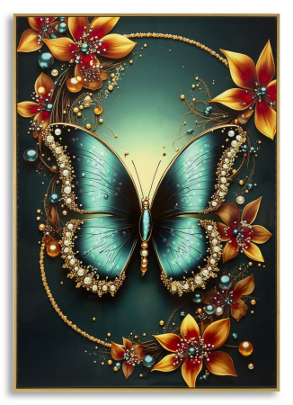 Fluturi - Tablou Canvas cu rama din lemn fluture turcoaz cu accente aurii decor multicolor