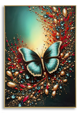 Fluturi - Tablou Canvas cu rama din lemn fluture turcoaz cu accente rosii si aurii decor multicolor