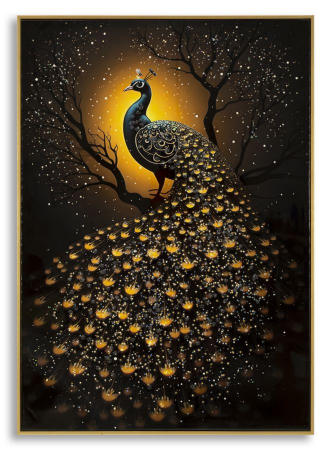 Tablouri - Tablou Canvas cu rama din lemn paun decorativ cu accente aurii multicolor