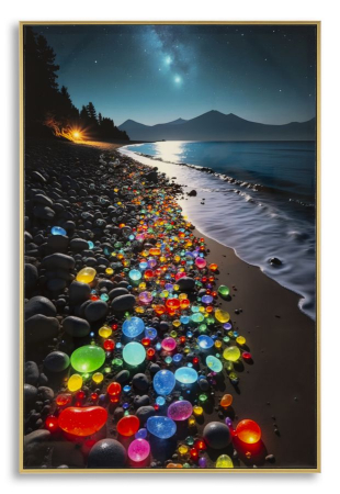 Tablouri - Tablou Canvas cu rama din lemn peisaj nocturn cu plaja si pietre colorate decor multicolor