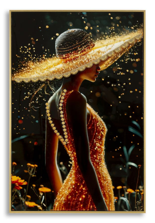 Chipuri, Siluete - Tablou Canvas cu rama din lemn portret feminin elegant cu accente aurii