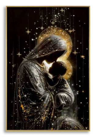 Tablouri - Tablou Canvas cu rama din lemn scena maternitate cu accente aurii si argintii decor multicolor