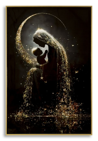 Tablouri - Tablou Canvas cu rama din lemn scena maternitate sub luna aurie decor multicolor